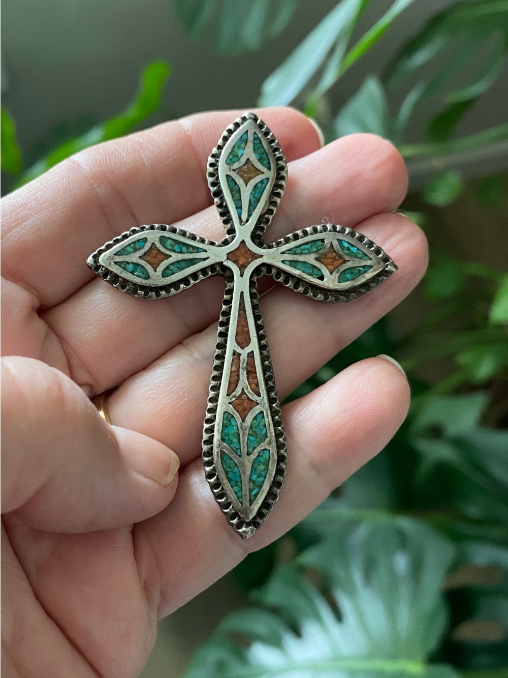 Turquoise Inlay vintage Silver Cross Pendant - Picture 10 of 10